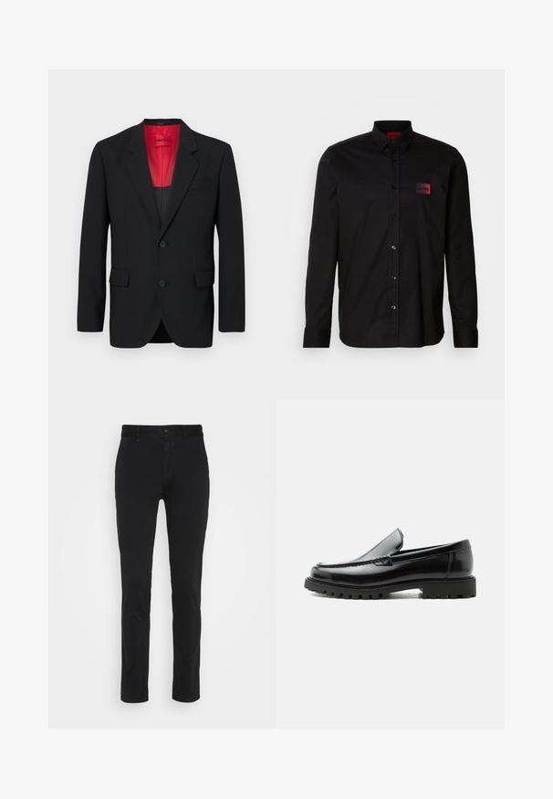 Blazer negro fabricado en tela suave, con un forro rojo, dos bolsillos frontales y dos botones. Las solapas con muesca aportan un detalle estructurado.; Camisa negra de manga larga hecha de tela suave, con cierre de botones, cuello clásico y un pequeño parche de marca en rojo en el pecho.; Chinos de algodón negros con un corte ajustado, que cuentan con una cintura estándar, bolsillos frontales y un solo bolsillo trasero. Textura suave y detalles mínimos.; Mocasín de cuero negro con suela de goma gruesa, empeine cosido y nombre de la marca en relieve en el talón, mostrado en perfil lateral sobre fondo blanco.