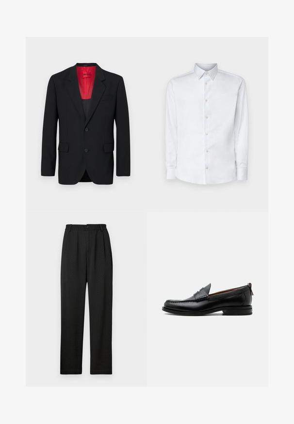 Sort blazer lavet af glat stof, der har en rød foring, to frontlommer og to knapper. Klippede slag tilføjer struktureret detalje.; Hvid langærmet skjorte lavet af glat stof, med en klassisk krave, knaplukning og manchetter med knapper, vist på en ensfarvet baggrund.; Sorte bukser med et struktureret mønster, der har en bred talje med en knap og forkærninger foran for en skræddersyet pasform. Lige ben-design.; Sort læder herre loafer med moc-tå syning, penny strop, struktureret krave og lav stablet hæl på hvid baggrund.