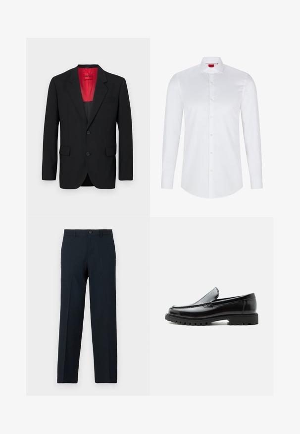 Schwarzer Blazer aus glattem Stoff, mit roter Fütterung, zwei Fronttaschen und zwei Knöpfen. Eingeschnittene Revers verleihen eine strukturierte Detail. ; Weißes langärmliges Hemd mit Knopfleiste, hergestellt aus glattem Baumwollstoff. Verfügt über einen klassischen Kragen, eine durchgehende Knopfleiste und einen abgerundeten Saum.; Schwarze Slim-Fit-Hose mit Knopf- und Reißverschluss, Gürtelschlaufen und geradem Bein.; Schwarzer Lederloafer mit grober Gummisohle, genähter Oberseite und geprägtem Markennamen an der Ferse, seitlich auf weißem Hintergrund gezeigt.