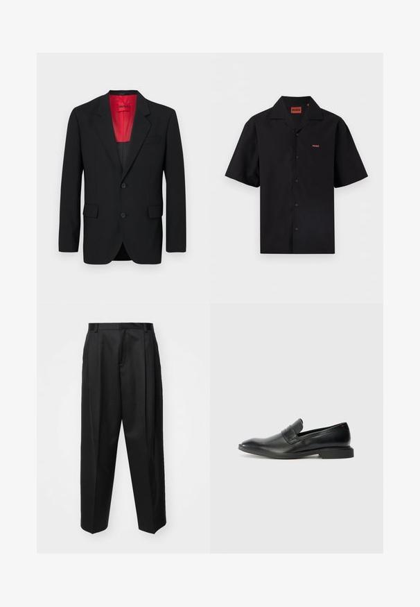 Čierny blazer vyrobený z hladkej tkaniny, s červenou podšívkou, dvoma prednými vreckami a dvoma gombíkmi. Klopové reverzy pridávajú štruktúrovaný detail.; Čierna krátka košeľa na gombíky s kempovým golierom, malým červeným logom "HUGO" na ľavej strane hrude a vo vnútri goliera.; Čierne stiahnuté nohavice s vysokým pásom, širokými nohavicami a ostrými záhybmi. Vyrobené z hladkej látky s pútkami na opasok a bez viditeľných kovových prvkov.; Čierne kožené loafers s hladkou textúrou, špicatou špičkou a nízkym obdĺžnikovým podpätkom. Obsahuje horizontálny pruh na hornej časti.