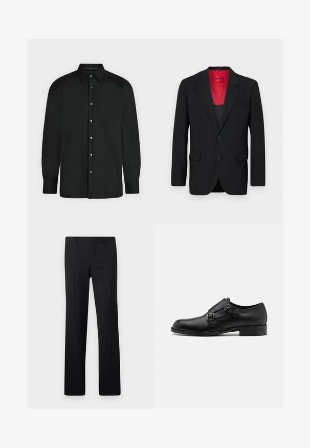Black blazer made of smooth fabric, featuring a red lining, two front pockets, and two buttons. Notched lapels add structured detail.; Black long-sleeve button-up shirt with pointed collar and buttoned cuffs, displayed against a plain light background.; Black tailored trousers featuring a straight-leg design, sharp creases, and a smooth finish. Made from lightweight fabric with a clean waistband.; Black leather dress shoe with dual buckles, sleek silhouette, and round toe. Features a low heel and smooth texture.