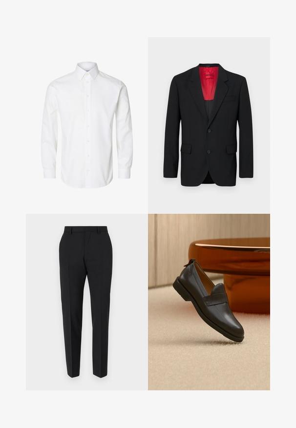Zwarte blazer van soepel materiaal, met een rode voering, twee voorzakken en twee knopen. De gelapte revers voegen gestructureerd detail toe.; Wit overhemd met lange mouwen, een puntige kraag, zichtbare knopen vooraan en knoopmanchetten.; Zwarte broek met een maatwerkontwerp, met een vlakke voorkant, plooidetails en een slanke pasvorm. Gemaakt van een gladde stof voor een verfijnde uitstraling.; Zwarte leren loafer met lage hak zwevend boven een beige tapijt, naast een glanzende amberkleurige tafel in een minimalistische kamer.