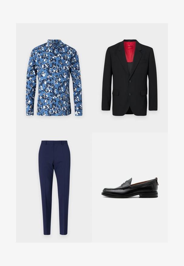 Sort blazer lavet af glat stof, der har en rød foring, to frontlommer og to knapper. Klippede slag tilføjer struktureret detalje.; Blå langærmet skjorte med knapper, der har et blomsterprint i hvide, marine- og brune nuancer. Fremstillet af blødt bomuldsstof med krave.; Marineblå skræddersyede bukser med slim fit, der har en glat tekstur, flad front og indgangspartier. Ingen synlige lommer eller udsmykninger.; Sort læder herre loafer med moc-tå syning, penny strop, struktureret krave og lav stablet hæl på hvid baggrund.