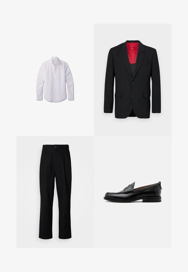 Blazer noir en tissu lisse, avec une doublure rouge, deux poches avant et deux boutons. Les revers crantés ajoutent un détail structuré.; Chemise blanche à manches longues avec boutons, en tissu lisse, dotée d'un col classique, d'une patte de boutonnage avant et d'un ourlet arrondi.; Pantalons noirs à jambes droites avec une taille à bouton, passants de ceinture et pli avant, présentés sur un fond blanc uni.; Mocassin homme en cuir noir avec couture moc toe, bride penny, col texturé et petit talon empilé sur fond blanc.