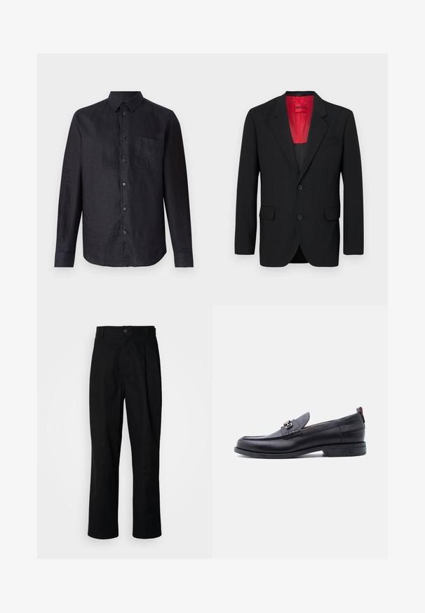 Sort blazer lavet af glat stof, der har en rød foring, to frontlommer og to knapper. Klippede slag tilføjer struktureret detalje.; Sort langærmet skjorte i tekstureret stof med knaplukning foran, klassisk krave og en brystlomme på venstre side.; Sorte lige ben bukser med en knaplukket talje, bæltestropper og en frontfold, præsenteret mod en ensfarvet hvid baggrund.; Sort lædermokasin med grå tekstureret forfod, sølvfarvet metalspænde, lav hæl og trækflap bagpå.