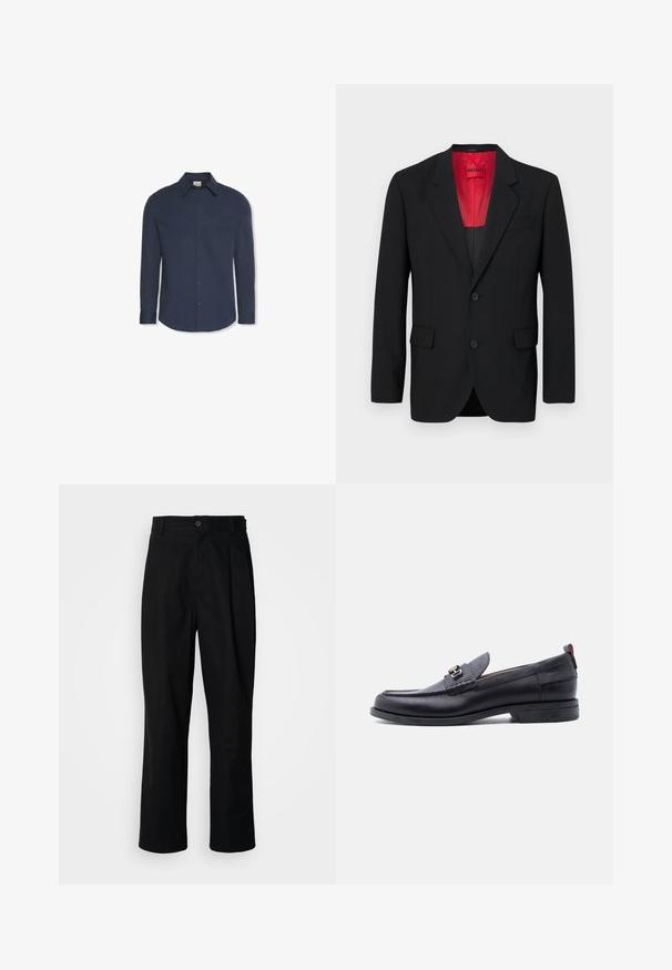 Blazer negro fabricado en tela suave, con un forro rojo, dos bolsillos frontales y dos botones. Las solapas con muesca aportan un detalle estructurado.; Camisa azul marino de manga larga con botones, cuello y puños, con una etiqueta de Calvin Klein dentro del cuello.; Pantalones rectos negros con cintura con botones, trabillas para cinturón y pliegue frontal, exhibidos sobre un fondo blanco liso.; Mocasín de cuero negro con empeine gris texturizado, detalle de hebilla metálica plateada, tacón bajo y lengüeta para tirar en la parte trasera.