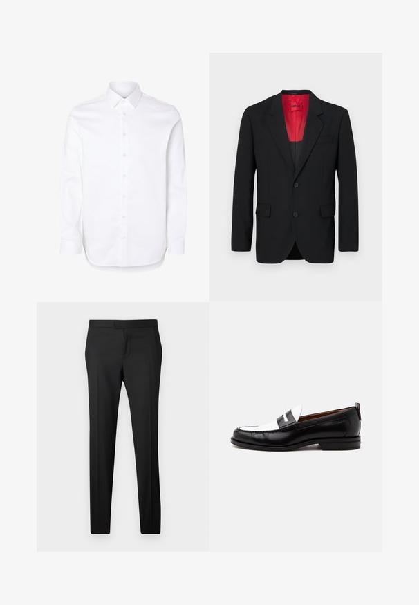 Blazer negro fabricado en tela suave, con un forro rojo, dos bolsillos frontales y dos botones. Las solapas con muesca aportan un detalle estructurado.; Camisa blanca de manga larga con cuello clásico y puños abotonados.; Pantalones negros ajustados de corte recto, hechos de una tela suave. Presentan un frente plano, trabillas para cinturón y sin patrones o adornos visibles.; Mocasín de cuero blanco y negro con detalles cosidos, tacón bajo y diseño tipo slip-on, mostrado de lado sobre un fondo liso.