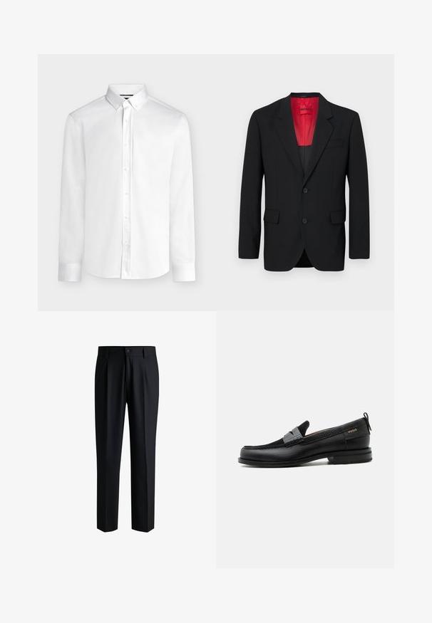 Sort blazer lavet af glat stof, der har en rød foring, to frontlommer og to knapper. Klippede slag tilføjer struktureret detalje.; Hvid langærmet skjorte med knapper, knaplukket krave og standard manchetter, vist på en ensartet lys grå baggrund.; Sorte bukser lavet af glat stof, med lige ben-design, plisseringer foran og knaplukning med bæltestropper.; Sort læderloafer med grå remdetalje, lav hæl og tekstureret sål, mærket med "HUGO" i guld på siden.