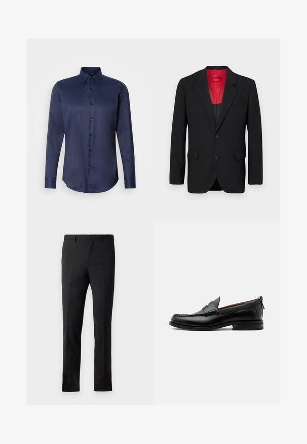 Schwarzer Blazer aus glattem Stoff, mit roter Fütterung, zwei Fronttaschen und zwei Knöpfen. Eingeschnittene Revers verleihen eine strukturierte Detail. ; Marineblaues langärmliges Herrenhemd mit spitzem Kragen und vorderem Knopfverschluss, auf einem einfarbigen weißen Hintergrund präsentiert.; Schwarze Hose mit tailliertem Schnitt, flacher Vorderseite, zwei Falten, Gürtelschlaufen und glatter Textur. Keine sichtbaren Muster oder Metallteile.; Schwarzer Leder-Herrenschuh mit Mokassinnaht, Penny-Riemen, strukturiertem Kragen und niedrigem gestapeltem Absatz auf weißem Hintergrund.