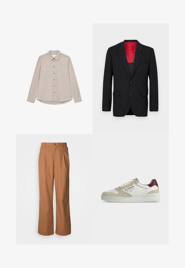 Zwarte blazer van soepel materiaal, met een rode voering, twee voorzakken en twee knopen. De gelapte revers voegen gestructureerd detail toe.; Bruine en beige geruite lange mouwen overhemd met een button-down kraag, een borstzakje en bruine knopen, met een gebogen zoom.; Wijde broekspijpen van een warmbruine stof, voorzien van een knoopsluiting aan de voorkant, subtiele plooien en een recht model voor een ontspannen pasvorm.; Lage witte sneaker met beige suède accenten, rode hieltab, witte zool en "ALLSAINTS" branding aan de zijkant.