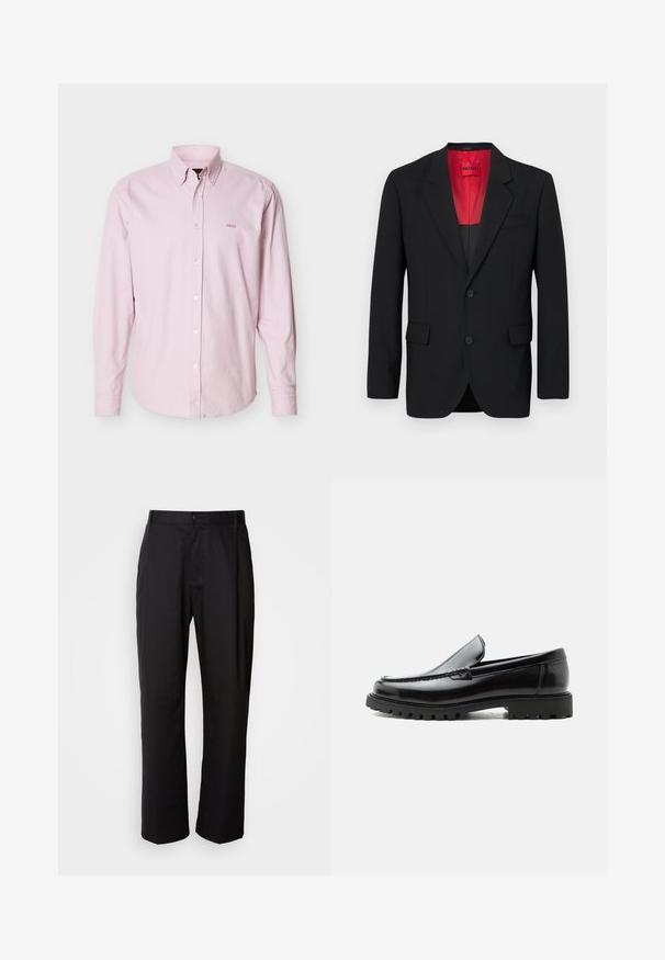 Blazer noir en tissu lisse, avec une doublure rouge, deux poches avant et deux boutons. Les revers crantés ajoutent un détail structuré.; Chemise rose clair à manches longues avec boutons sur le devant, col à patte boutonnée et petit logo "BOSS" brodé sur la poitrine gauche.; Pantalon noir à coupe droite, en tissu léger. Il dispose d'une fermeture à bouton sur le devant et de deux poches latérales ; texture lisse.; Mocassin en cuir noir avec semelle en caoutchouc épaisse, dessus cousu et nom de marque embossé sur le talon, présenté de profil sur fond blanc.