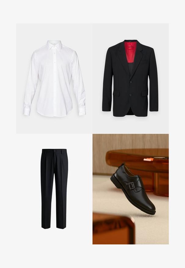 Sort blazer lavet af glat stof, der har en rød foring, to frontlommer og to knapper. Klippede slag tilføjer struktureret detalje.; Hvid langærmet skjorte med knaplukning, klassisk krave, glat stof og frontplacket med lette, rundede knapper.; Sorte bukser lavet af glat stof, med lige ben-design, plisseringer foran og knaplukning med bæltestropper.; Sort læder monk strap sko med sølvspænde, svævende over beige tæppe med brun gennemsigtig møbler i baggrunden.