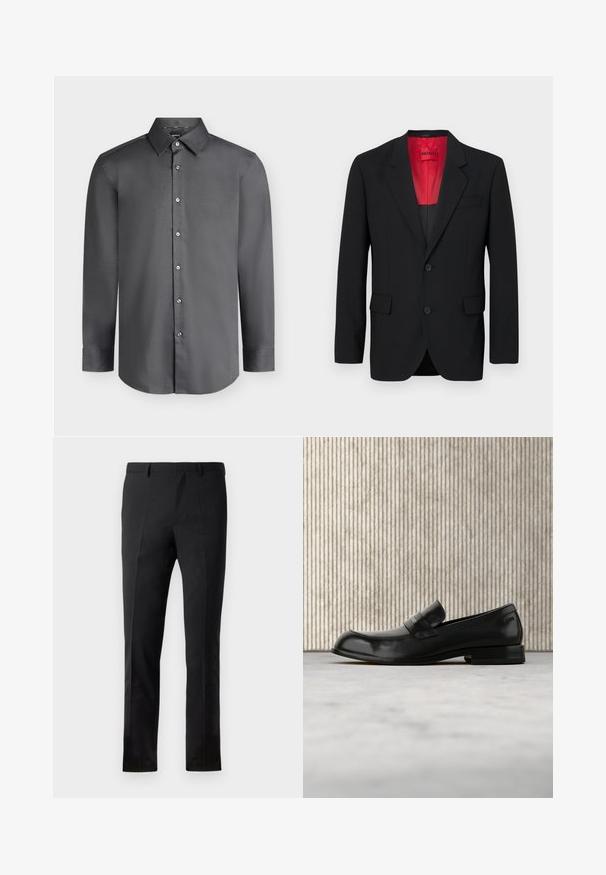 Čierny blazer vyrobený z hladkej tkaniny, s červenou podšívkou, dvoma prednými vreckami a dvoma gombíkmi. Klopové reverzy pridávajú štruktúrovaný detail.; Tmavosivá pánska košeľa s dlhým rukávom, špicatým golierom a prednými gombíkmi, zobrazená na svetlosivom pozadí.; Čierne nohavice s upraveným strihom, s plochým predným dielom, dvoma záhybmi, pútkami na opasok a hladkou štruktúrou. Bez viditeľných vzorov alebo kovových súčiastok.; Čierna kožená mokasína s kovovým detailom, zobrazená nad béžovým kobercom, na pozadí je okrúhly stôl jantárovej farby.