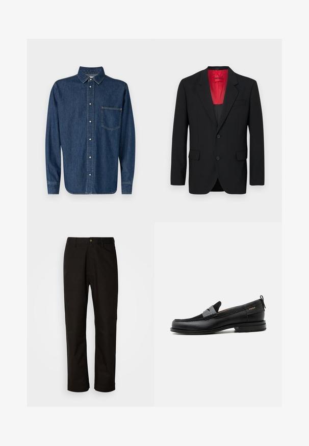 Sort blazer lavet af glat stof, der har en rød foring, to frontlommer og to knapper. Klippede slag tilføjer struktureret detalje.; Mørkeblå denimskjorte med lange ærmer, knaplukning foran og en enkelt brystlomme. Har en klassisk krave og lige kant.; Sorte bomuldsbukser med lige pasform, bæltestropper, lynlås foran og en enkelt knappelukning. Glat tekstur uden synlige mønstre.; Sort læderloafer med grå remdetalje, lav hæl og tekstureret sål, mærket med "HUGO" i guld på siden.