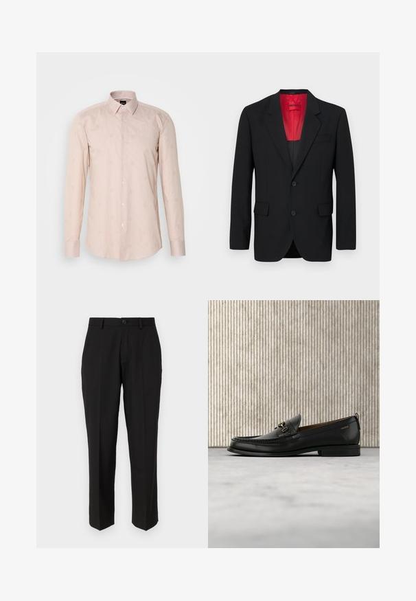 Blazer noir en tissu lisse, avec une doublure rouge, deux poches avant et deux boutons. Les revers crantés ajoutent un détail structuré.; Chemise à manches longues rose clair avec un col à boutons, un motif rayé subtil et des motifs circulaires brodés.; Pantalon noir en tissu lisse, présentant une coupe droite, des poches avant, un bouton simple de fermeture et sans motifs visibles.; Mocassin en cuir noir avec mors en métal doré et logo "HUGO", présenté sur un tapis beige et un meuble translucide marron.
