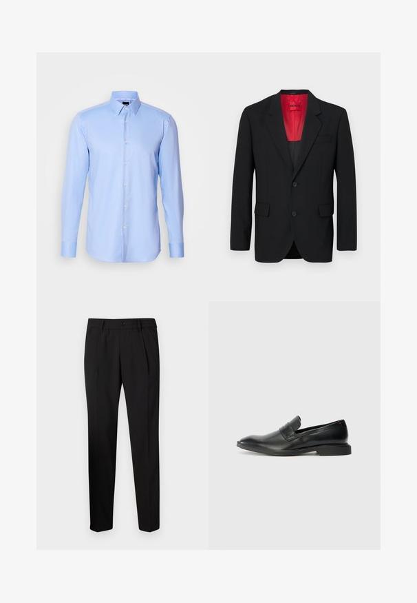 Blazer noir en tissu lisse, avec une doublure rouge, deux poches avant et deux boutons. Les revers crantés ajoutent un détail structuré.; Chemise à manches longues bleu clair, boutonnée, en tissu texturé avec un col pointu et une fermeture classique à boutons à l'avant.; Pantalons noirs ajustés avec une coupe droite, dotés d'une taille élastique, d'une fermeture à un bouton et de deux plis à l'avant pour plus de détails.; Mocassins en cuir noir avec une texture lisse, un nez pointu et un petit talon rectangulaire. Présente un détail de bande horizontale sur le dessus.