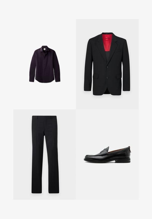 Čierny blazer vyrobený z hladkej tkaniny, s červenou podšívkou, dvoma prednými vreckami a dvoma gombíkmi. Klopové reverzy pridávajú štruktúrovaný detail.; Košeľa s dlhým rukávom tmavofialovej farby, vyrobená z hladkej látky. Má zapínanie na gombíky vpredu, mäkký golier a zaoblený lem.; Čierne nohavice s nasadením, ktoré majú rovný strih, ostré záhyby a hladký povrch. Vyrobené z ľahkého materiálu s čistým pásom.; Čierny kožený pánsky mokasín s prešitím moc toe, penny remienkom, textúrovaným golierom a nízkym vrstveným podpätkom na bielom pozadí.