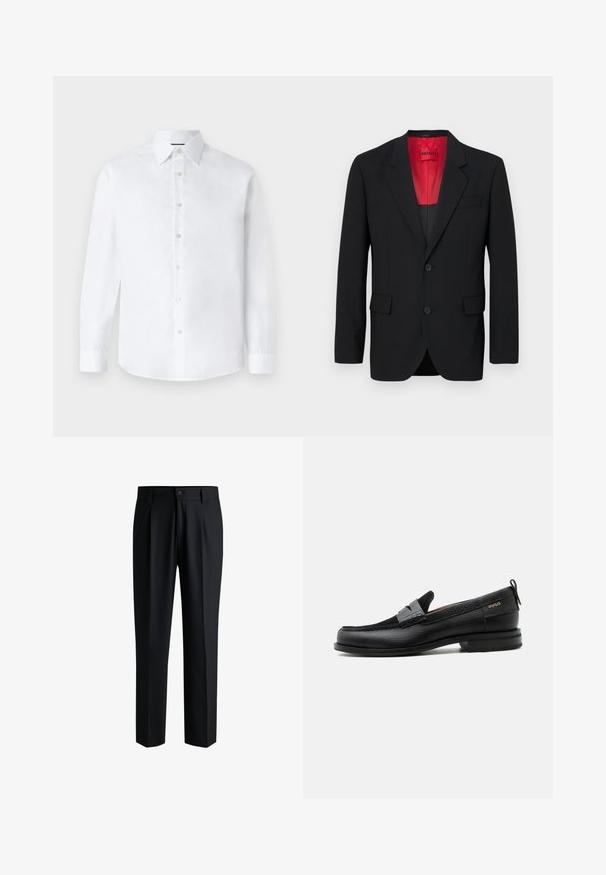 Mustast blazers, mis on valmistatud siledast kangast, punase voodriga, kahe esitasku ja kahe nööbiga. Nurgelised kraed annavad struktureeritud detaili.; Valge pikkade varrukate ja klassikalise kraega särk, millel on nööpidega esitasku ja ümar hem. Valmistatud siledast puuvillakangast, ilma mustriteta.; Mustadest siledast kangast püksid, sirge jalaga disain, voldid ees, nööbiluku ja vööloopidega.; Must nahast loafer halli rihma detailiga, madala kand ja tekstuurse tallaga, külgedel kuldse "HUGO" brändiga.