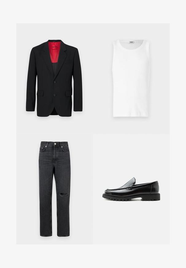 Schwarzer Blazer aus glattem Stoff, mit roter Fütterung, zwei Fronttaschen und zwei Knöpfen. Eingeschnittene Revers verleihen eine strukturierte Detail. ; Weißes Baumwoll-Tanktop ohne Ärmel mit Rundhalsausschnitt und glatter Textur. Einfaches Design, ohne Muster oder Akzente.; Schwarze Denim-Jeans mit geradem Bein, featuring ein zerrissenes Knie, Fünf-Taschen-Design und Metallbeschläge an der Taille und den Taschen.; Schwarzer Lederloafer mit grober Gummisohle, genähter Oberseite und geprägtem Markennamen an der Ferse, seitlich auf weißem Hintergrund gezeigt.