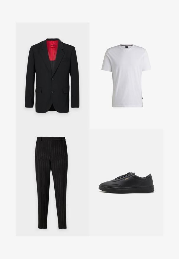 Schwarzer Blazer aus glattem Stoff, mit roter Fütterung, zwei Fronttaschen und zwei Knöpfen. Eingeschnittene Revers verleihen eine strukturierte Detail. ; Weißes T-Shirt mit kurzen Ärmeln aus Baumwolle. Besitzt einen Rundhalsausschnitt und ein dezentes Markenlabel an der Seite. Glatte Textur und einfaches Design.; Schwarze Hose mit feinen vertikalen Streifen, taillierte Passform, mit Fronttaschen und Gürtelschlaufen. Hergestellt aus einem glatten, strukturierten Stoff.; Schwarze Leder-Sneaker mit glatter Textur, runder Zehenpartie, flacher Gummisohle und einfarbigen Schnürsenkeln. Mit goldfarbenem "BOSS" Logo an der Seite.