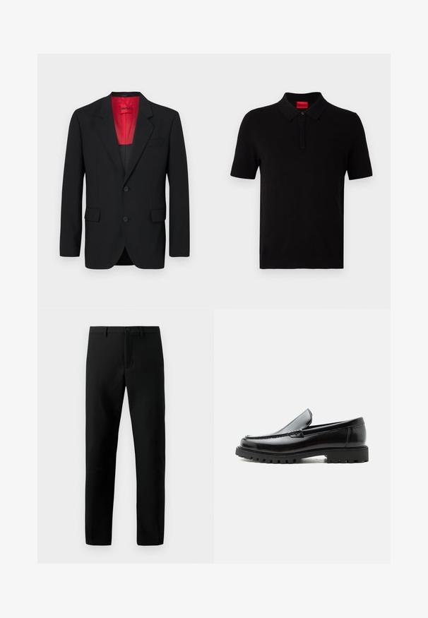 Sort blazer lavet af glat stof, der har en rød foring, to frontlommer og to knapper. Klippede slag tilføjer struktureret detalje.; Sort polo-skjorte lavet af glat bomuld. Har en klassisk krave, korte ærmer og et rødt mærke ved halsen. Ingen mønstre eller udsmykninger.; Sorte bukser lavet af glat stof, med knaplukning, lige ben design og ingen synlige mønstre, med rene linjer.; Sort læderloafer med chunky gummisål, syet overdel og præget mærkenavn på hælen, vist i sideprofil på hvid baggrund.