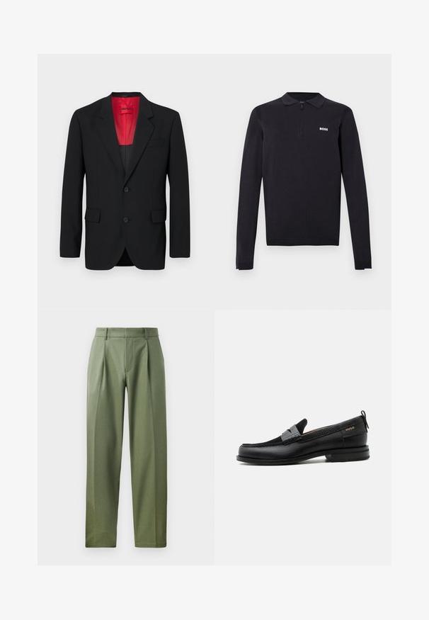 Schwarzer Blazer aus glattem Stoff, mit roter Fütterung, zwei Fronttaschen und zwei Knöpfen. Eingeschnittene Revers verleihen eine strukturierte Detail. ; Schwarzes langärmeliges Poloshirt aus Strickstoff. Verfügt über einen halben Reißverschluss am Kragen, eine schlanke Passform und ein kleines weißes Logo auf der Brust.; Maßgeschneiderte Hose aus olivgrünem Stoff mit glatter Textur, ausgestattet mit zwei vorderen Falten, Gürtelschlaufen und geradem Bein.; Schwarzer Lederloafer mit grauem Riemendetail, niedrigem Absatz und strukturierter Sohle, seitlich mit „HUGO“ in Gold gebrandmarkt.