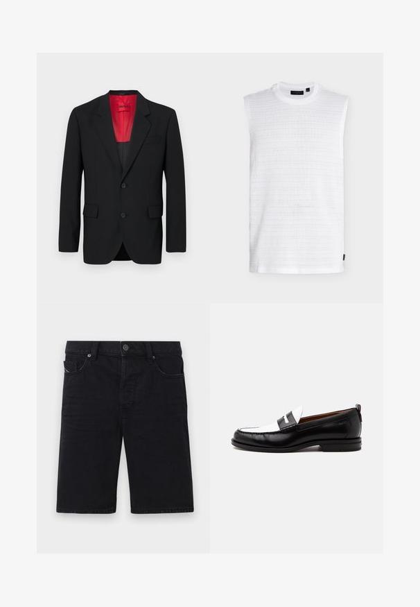 Blazer noir en tissu lisse, avec une doublure rouge, deux poches avant et deux boutons. Les revers crantés ajoutent un détail structuré.; Haut en tricot blanc sans manches avec col rond, motif à rayures horizontales texturé et petite étiquette noire sur la couture latérale inférieure.; Shorts en denim noir avec une coupe droite, cinq poches, éléments en métal et coutures visibles. Texture douce et design simple.; Mocassin en cuir noir et blanc avec des détails cousus, un petit talon et un design slip-on, présenté de profil sur un fond uni.
