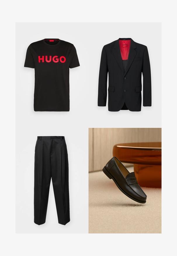 Schwarzer Blazer aus glattem Stoff, mit roter Fütterung, zwei Fronttaschen und zwei Knöpfen. Eingeschnittene Revers verleihen eine strukturierte Detail. ; Schwarzes Baumwoll-T-Shirt mit fettem roten "HUGO"-Schriftzug auf der Vorderseite, kurzen Ärmeln, rundem Ausschnitt und lässiger Passform.; Schwarze, taillierte Hosen mit hoher Taille, weitem Bein und scharfen Falten. Aus glattem Stoff gefertigt, mit Gürtelschlaufen und ohne sichtbare Beschläge.; Schwarzer Leder-Loafer, der über einem hellbeigen Teppich schwebt, mit bernsteinfarbenen modernen Möbeln im Hintergrund.