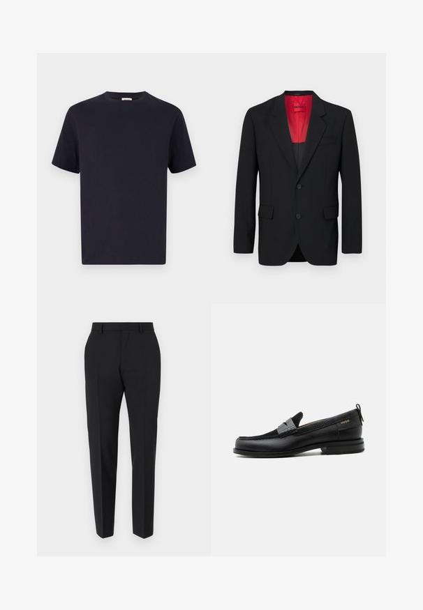 Sort blazer lavet af glat stof, der har en rød foring, to frontlommer og to knapper. Klippede slag tilføjer struktureret detalje.; Marineblå bomulds T-shirt med rund halsudskæring, korte ærmer og afslappet pasform; glat tekstur; ingen synlige mønstre eller hardware.; Sorte bukser med et skræddersyet design, flad front, pressefolder og en slank pasform. Lavet af et glat stof for et elegant udseende.; Sort læderloafer med grå remdetalje, lav hæl og tekstureret sål, mærket med "HUGO" i guld på siden.