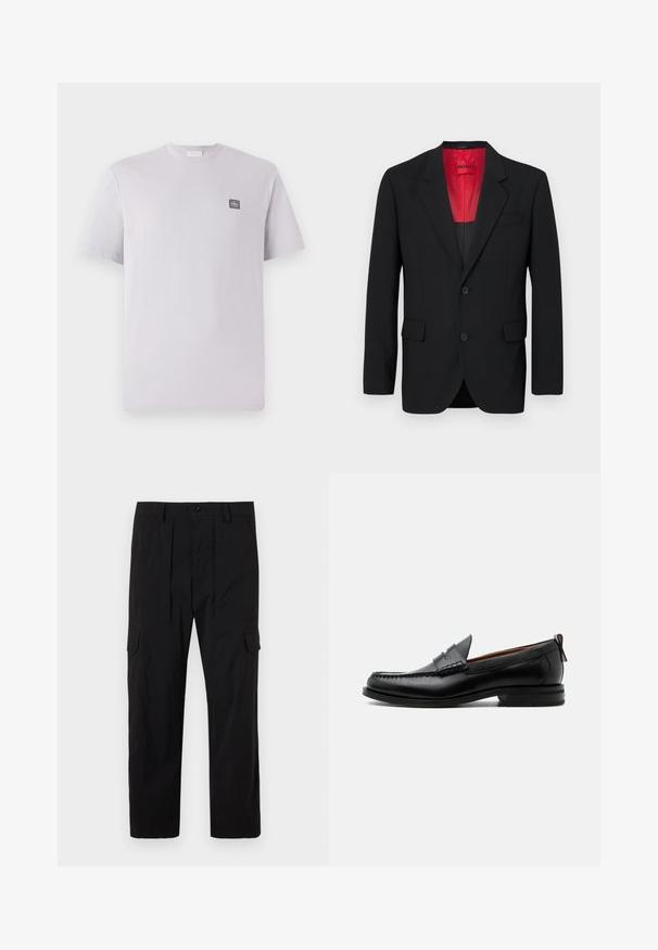 Sort blazer lavet af glat stof, der har en rød foring, to frontlommer og to knapper. Klippede slag tilføjer struktureret detalje.; Lys lavendelfarvet kortærmet t-shirt lavet af bomuld med rund hals og et lille mørkt logo-patch på venstre bryst. Glat tekstur.; Sorte cargo bukser lavet af letvægtsstof, med lige ben design, frontfald, sidelommer og knaplukning.; Sort læder herre loafer med moc-tå syning, penny strop, struktureret krave og lav stablet hæl på hvid baggrund.