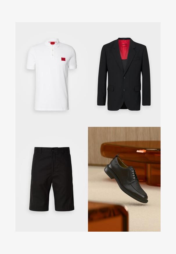 Blazer negro fabricado en tela suave, con un forro rojo, dos bolsillos frontales y dos botones. Las solapas con muesca aportan un detalle estructurado.; Camisa polo blanca de algodón, con un ribete de tres botones, mangas cortas y un parche de logo rectangular rojo en el lado izquierdo del pecho.; Pantalones cortos negros de tela sólida, con corte recto, cierre de botón y una textura suave sin patrones visibles.; Zapato de vestir negro de piel con cordones y parte delantera texturizada, flotando sobre una alfombra beige en una habitación moderna con muebles de tono ámbar.