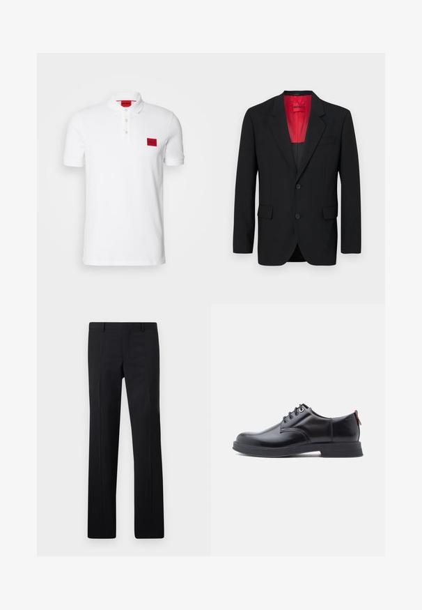 Blazer negro fabricado en tela suave, con un forro rojo, dos bolsillos frontales y dos botones. Las solapas con muesca aportan un detalle estructurado.; Camisa polo blanca de algodón, con un ribete de tres botones, mangas cortas y un parche de logo rectangular rojo en el lado izquierdo del pecho.; Pantalones negros ajustados con un diseño de pierna recta, pliegues marcados y un acabado suave. Fabricados en tejido ligero con una cintura limpia.; Zapatos de piel negra con cordones, textura lisa, puntera redondeada y detalles sutiles de costura. Cuentan con una lengüeta roja en el talón.