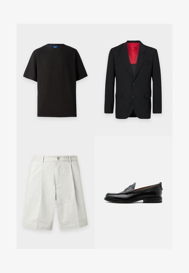 Blazer negro fabricado en tela suave, con un forro rojo, dos bolsillos frontales y dos botones. Las solapas con muesca aportan un detalle estructurado.; Camiseta negra de manga corta, cuello redondo, hecha de tejido de canalé. Presenta un ajuste relajado y una sutil etiqueta de marca azul en el interior del cuello.; Shorts gris claro hechos de tela texturizada, con cierre de botón, pliegues y corte recto, adecuados para uso casual.; Mocasín de hombre de piel negra con costura moc toe, tira penny, cuello texturizado y tacón bajo apilado sobre fondo blanco.