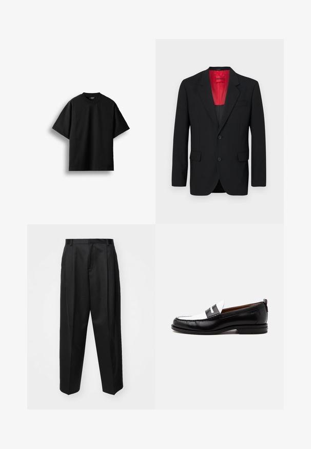 Blazer noir en tissu lisse, avec une doublure rouge, deux poches avant et deux boutons. Les revers crantés ajoutent un détail structuré.; T-shirt noir à manches courtes et col rond, présenté à plat sur un fond blanc avec une petite étiquette visible au niveau du col.; Pantalon noir ajusté avec taille haute, jambes larges et plis marqués. Fabriqué dans un tissu lisse avec passants de ceinture et sans quincaillerie visible.; Mocassin en cuir noir et blanc avec des détails cousus, un petit talon et un design slip-on, présenté de profil sur un fond uni.