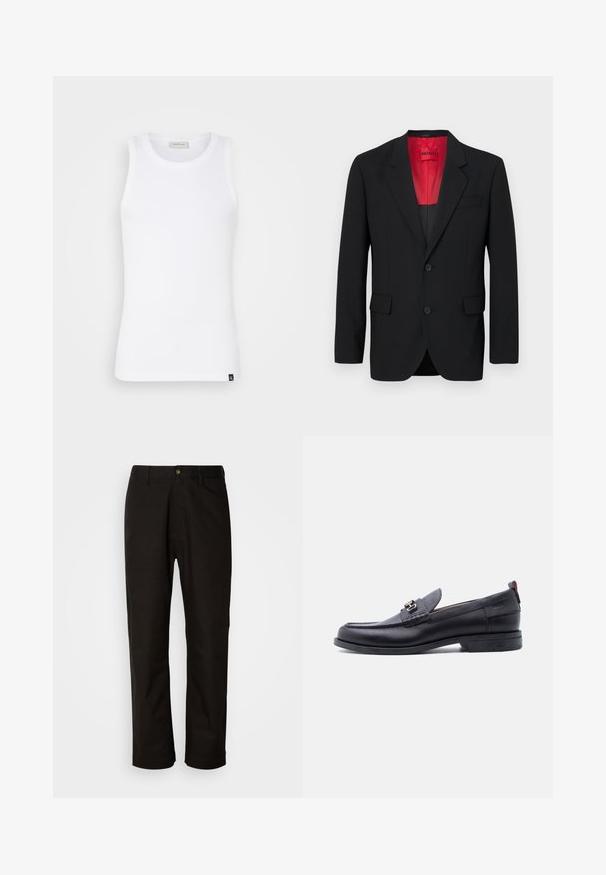 Schwarzer Blazer aus glattem Stoff, mit roter Fütterung, zwei Fronttaschen und zwei Knöpfen. Eingeschnittene Revers verleihen eine strukturierte Detail. ; Weißes ärmelloses Tanktop aus geripptem Stoff mit rundem Halsausschnitt und einem kleinen Logo-Tag am Saum. Glatte Textur und figurbetontes Design.; Schwarze Baumwollhosen mit geradem Schnitt, Gürtelschlaufen, einem Reißverschluss vorne und einem einzelnen Knopfverschluss. Glatte Textur ohne sichtbare Muster.; Schwarzer Lederloafer mit grauem, strukturiertem Vorderblatt, silberner Metallschnalle, niedrigem Absatz und Zuglasche hinten.