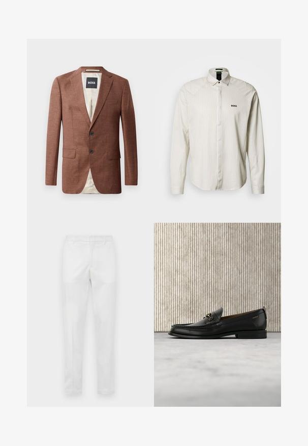 Blazer de lino marrón con solapas caídas, dos bolsillos frontales, dos botones negros y forro de color claro. Etiqueta con la marca 'BOSS'.; Camisa de manga larga a rayas en beige claro y blanco, con cuello abierto, cierre de botones y logo bordado "BOSS" en el pecho.; Pantalones ajustados blancos con passantes para cinturón, cierre de cremallera frontal y bolsillos laterales, exhibidos planos sobre un fondo neutro.; Mocasín de cuero negro con pieza metálica dorada y logotipo "HUGO", exhibido sobre una alfombra beige y muebles translúcidos marrones.