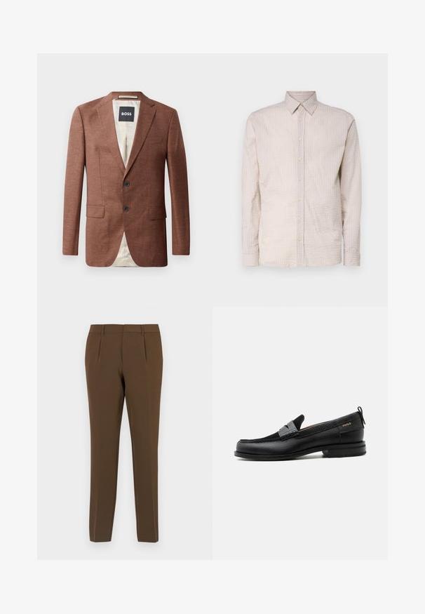 Blazer en lin marron avec revers crantés, deux poches frontales, deux boutons noirs et doublure intérieure claire. Étiquette portant 'BOSS'.; Chemise à manches longues beige clair à boutons avec un motif texturé, dotée d'un col et de détails de boutons assortis sur le devant.; Pantalons marron sur mesure avec une texture lisse, dotés de deux plis avant, de jambes droites et de passants de ceinture. Design épuré et minimaliste.; Mocassin en cuir noir avec détail de bride grise, talon bas et semelle texturée, marqué "HUGO" en or sur le côté.
