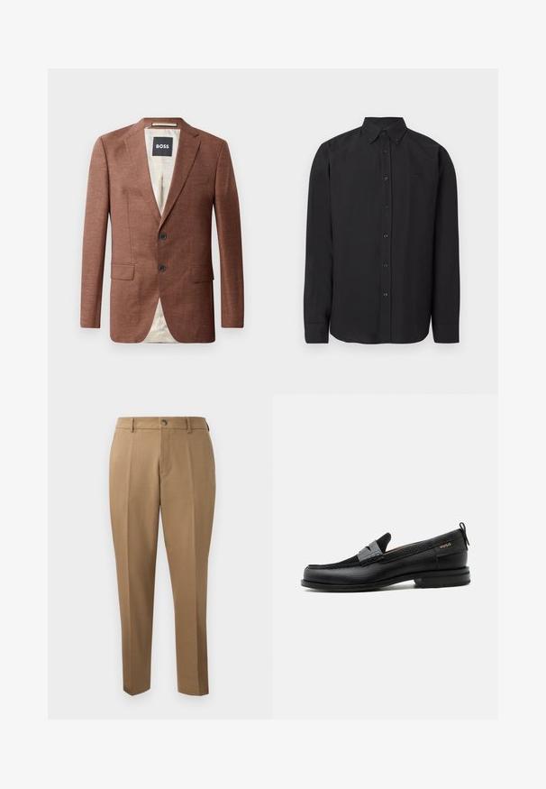 Hnedý ľanový blazer s výstrihom do V, dvoma prednými vreckami, dvoma čiernymi gombíkmi a svetlou podšívkou. Na štítku je nápis 'BOSS'.; Čierna košeľa s dlhým rukávom, golierom na gombíky, hladkou látkou a jemným logom. Má gombíky na prednej strane a manžety na rukávoch.; Hnedé strihané nohavice s rovnými nohavicami, jednými záhybmi, pútkami na opasok a predným zapínaním na gombík. Hladká tkanina s matným povrchom.; Čierny kožený mokasín so sivým remienkom, nízkym podpätkom a textúrovanou podrážkou, so značkou "HUGO" v zlatej farbe na boku.