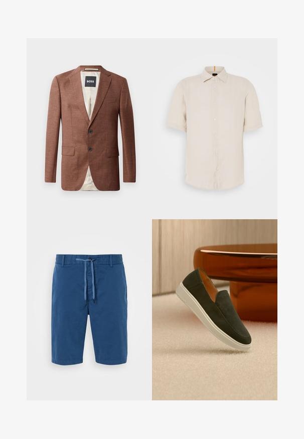 Brun linned blazer med notch-lapel, to frontlommer, to sorte knapper og lyse indvendige foer. Etiket mærket 'BOSS'.; Kortærmet skjorte i lysebeige linned med kravlet krave, forreste knapper og en lige kant. Har en subtil tekstur.; Blå bomuldsshorts med elastisk talje, snorelukning, sidelommer og en glat tekstur. Ingen mønstre eller detaljer synlige.; Mørkegrøn slip-on ruskindssko med hvid sål, svævende over et lyst tæppebelagt gulv og et orange rundt bord i baggrunden.