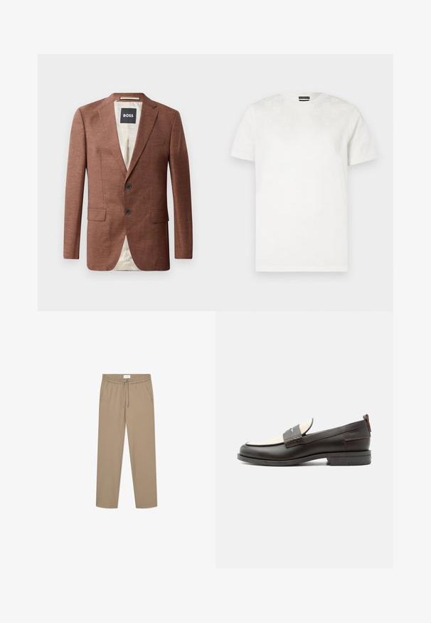 Brauner Leinenblazer mit aufgeschlagenen Revers, zwei Fronttaschen, zwei schwarzen Knöpfen und einer hellen Innenausstattung. Etikett mit der Aufschrift 'BOSS'.; Weißes Baumwoll-T-Shirt mit kurzen Ärmeln, das ein dezentes strukturiertes Muster an der oberen Vorderseite aufweist. Rundhalsausschnitt, normale Passform.; Beige Stretchhosen mit einem elastischen Bund und Kordelzug, ausgestattet mit zwei Seitentaschen und einem geraden Bein. Weiche Textur.; Dunkelbrauner Herrenschuh aus Leder mit cremefarbenem Stoffpaneel und klassischem, genähtem Riemendetail, flacher Sohle und Zuglasche an der Ferse.