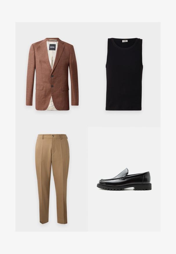 Brauner Leinenblazer mit aufgeschlagenen Revers, zwei Fronttaschen, zwei schwarzen Knöpfen und einer hellen Innenausstattung. Etikett mit der Aufschrift 'BOSS'.; Schwarzes ärmelloses Tanktop aus weicher Baumwolle. Verfügt über einen runden Ausschnitt und einen geraden Schnitt mit minimalen Nähdetails.; Braune maßgeschneiderte Hosen mit geradem Schnitt, seitlichen Falten, Gürtelschlaufen und einem vorderen Knopfverschluss. Glattes Gewebe mit matter Textur.; Schwarzer Lederloafer mit grober Gummisohle, genähter Oberseite und geprägtem Markennamen an der Ferse, seitlich auf weißem Hintergrund gezeigt.