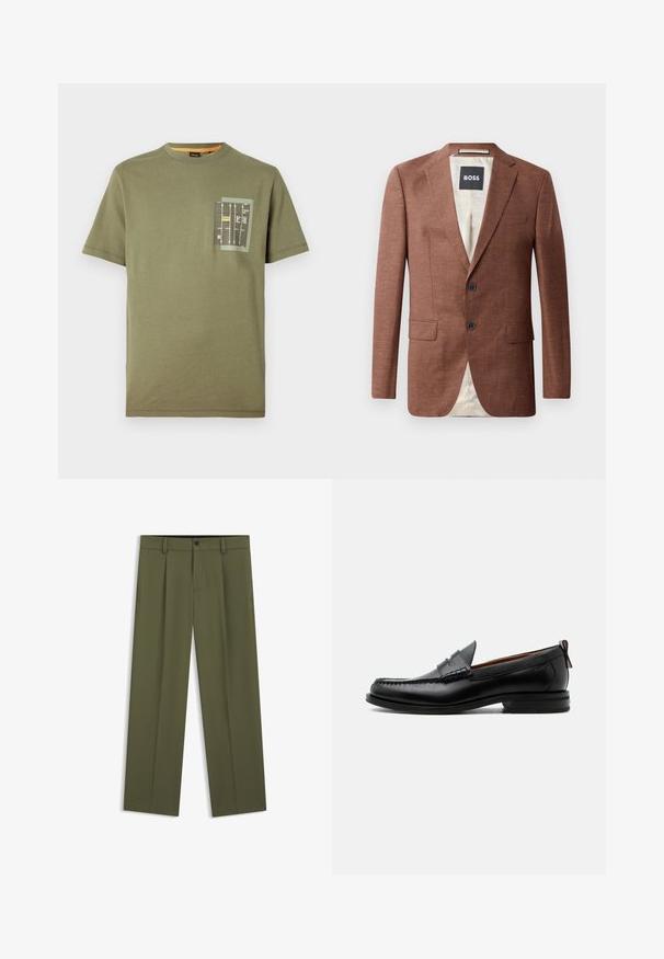 Blazer en lin marron avec revers crantés, deux poches frontales, deux boutons noirs et doublure intérieure claire. Étiquette portant 'BOSS'.; T-shirt en coton vert olive avec un col rond et des manches courtes. Présente une poche avec un imprimé graphique en noir, jaune et blanc.; Pantalon droit couleur vert olive avec passants pour ceinture, bouton devant et braguette zippée, présenté à plat sur fond blanc.; Mocassin homme en cuir noir avec couture moc toe, bride penny, col texturé et petit talon empilé sur fond blanc.