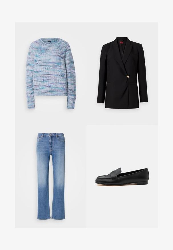 Sort skræddersyet blazer med notchesnit, en enkelt dekorativ guldknap og to frontlomme, præsenteret på en hvid baggrund.; Striktrøje i lyseblå, violet og aqua med en tekstureret overflade, rund hals og ribbede manchetter. Ingen synlige lukninger.; Lyseblå denim jeans med lige ben, der har en falmet effekt, fem-lomme stil og standard knap- og lynlås lukning.; Sort læderloafer med lav hæl, syninger og en lille metallisk detalje på vristen.