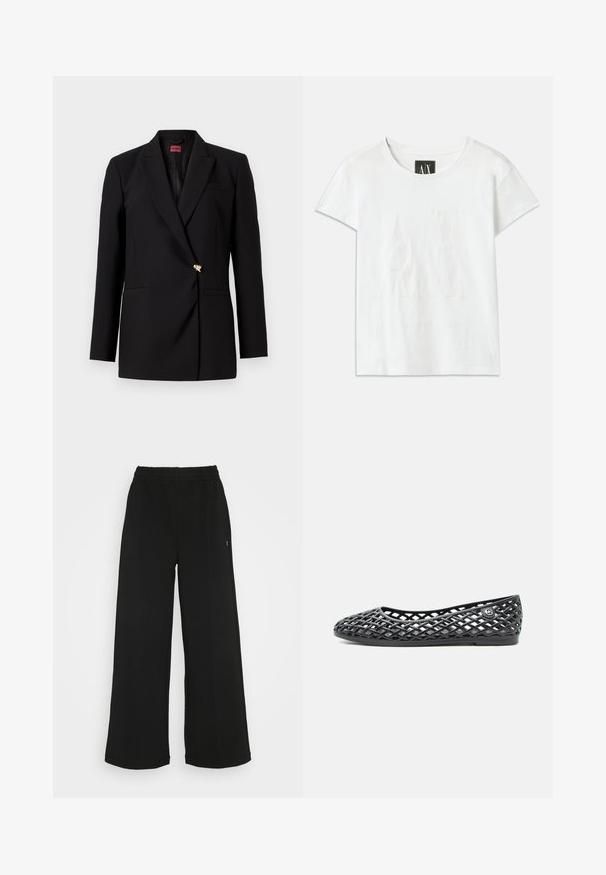 Zwarte op maat gemaakte blazer met notch revers, één decoratieve gouden knop en twee voorkeurszakken, weergegeven op een witte achtergrond.; Witte katoenen t-shirt met korte mouwen, met een reliëflogo "AX" op de voorkant en de tekst "ARMANI EXCHANGE" eronder in een subtiel ontwerp.; Zwarte wijde broek met een elastische tailleband. Gemaakt van een zachte, lichte stof. Heeft verticale naden aan de voorkant.; Zwarte platte schoen met open rasterontwerp en ronde neus, met een klein metalen logo aan de zijkant nabij de hiel.