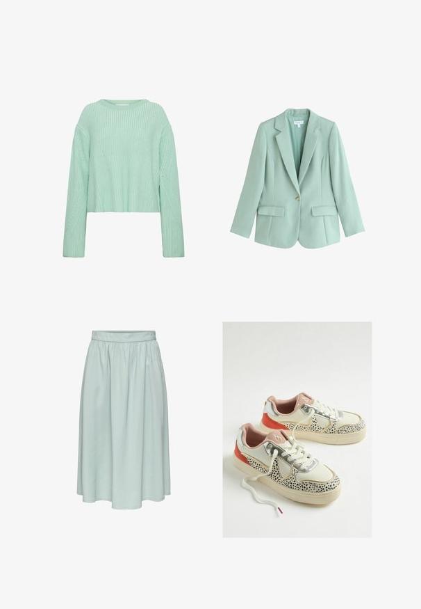 Blazer verde menta con un botón, solapas con muesca y dos bolsillos delanteros con solapa, corte ajustado, mangas largas y tejido ligero.; Suéter corto verde claro con textura acanalada, mangas largas y patrones diagonales distintivos en el cuerpo y las mangas.; Falda midi azul claro con cintura fruncida y silueta acampanada, fabricada con tejido liso y ligero.; Zapatillas blancas con patrón de manchas negras, detalles plateados y talón naranja. Cuentan con un forro interior rosa y cordones blancos con una punta morada.