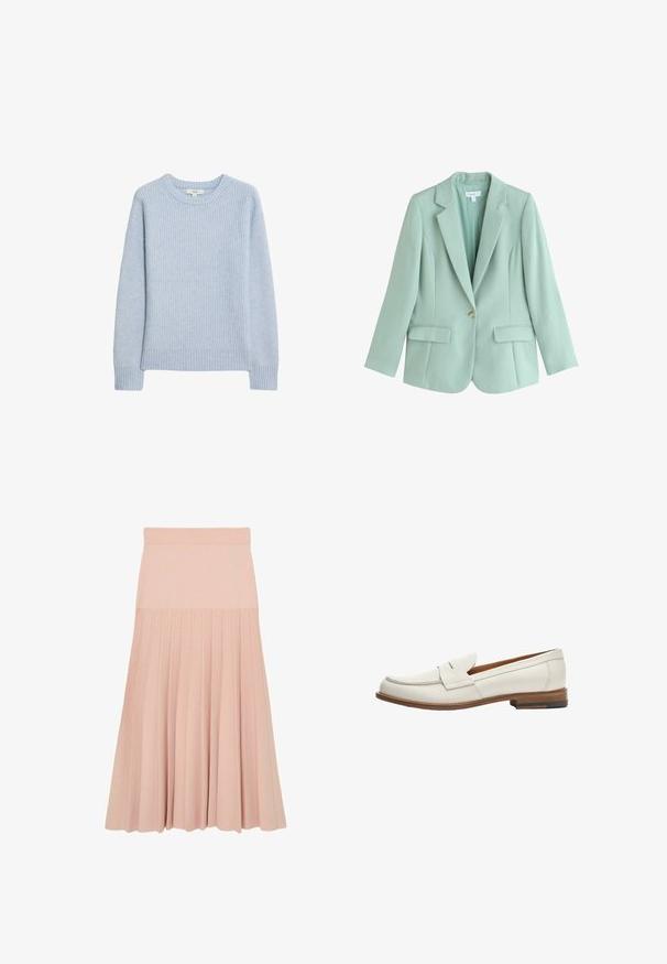 Blazer verde menta con un botón, solapas con muesca y dos bolsillos delanteros con solapa, corte ajustado, mangas largas y tejido ligero.; Suéter de punto de canalé azul claro con escote redondo, hombros caídos y dobladillo y puños de canalé. Textura suave y corte relajado.; Falda midi de color rosa claro con cintura ajustada y diseño plisado que se extiende desde la mitad de la cadera hasta el dobladillo.; Mocasines de cuero blanco con un bajo tacón de madera apilada, que presentan un diseño de mocasín cosido y una solapa frontal doblada.
