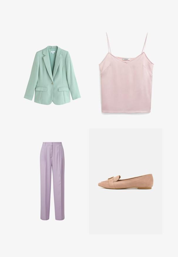 Mintgroene blazer met één knoop, met notch-revers en twee voorflapzakken, getailleerde pasvorm, lange mouwen en lichte stof.; Roze mouwloze top met dunne banden, V-hals, zachte textuur en twee zijzakken. Label zegt "IVY OAK." Eenvoudig, schoon ontwerp.; Lila broeken van gladde stof, met een hoge taille, plooien en een wijduitlopend ontwerp, met een strakke, professionele uitstraling.; Lichtroze suède ballerina's met een spitse neus, voorzien van een omslagdetail en een goudkleurige gesp als accent. Lage, platte zool. Gladde textuur.