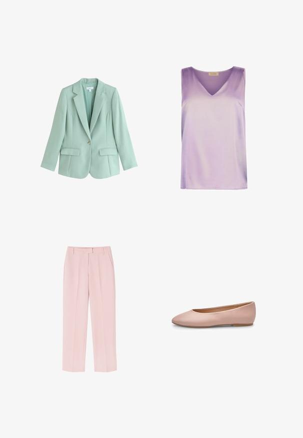 Mintgrøn blazer med enkelt knap, spids revers og to forlommer med klap, skræddersyet pasform, lange ærmer og let materiale.; Ærmeløs lavendel satin top med V-halsudskæring og lige kant, fra Falconeri Beta-kollektionen.; Lyserøde bukser med skræddersyet design, der har to sidelommer, en glat tekstur og folder foran for ekstra detalje.; Lyserød ballerina i læder med spids tå, glat tekstur, få detaljer og en solid lys brun sål. Enkelt design uden pynt.