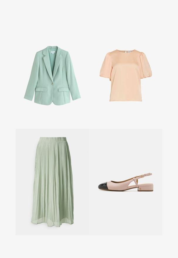 Mintgrøn blazer med enkelt knap, spids revers og to forlommer med klap, skræddersyet pasform, lange ærmer og let materiale.; Lyserosa ferskenbluse med korte pufsærmer og rund halsudskæring, med en lille lukning med knap bagpå.; Plisseret midi-nederdel i lysegrønt stof med en blød tekstur. Elastisk talje, flydende design og subtil glans over det hele.; Slingback sko med en blush læderoverdel og en blank sort tå. Har en lille blokhæl og en justerbar ankelrem.
