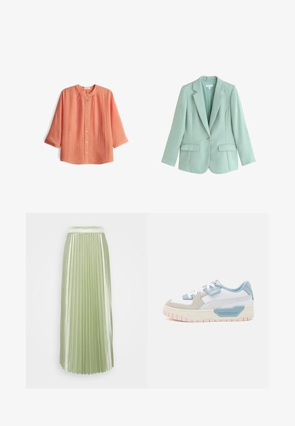 Mintgrüner Ein-Knopf-Blazer mit Kerb-Revers und zwei vorderen Pattentaschen, taillierte Passform, lange Ärmel und leichter Stoff.; Koralle-farbenes Hemd mit Knopfleiste, rundem Halsausschnitt und Dreiviertelärmeln. Hergestellt aus leichtem Stoff mit strukturiertem Finish undraffiniertem Detail.; Gefalteter Rock aus leichtem grünen Satin mit einem breiten Bund und vertikalen Falten, die eine glatte, fließende Silhouette erzeugen.; Sneaker mit einem Obermaterial aus weißem Leder, hellblauen Akzenten, beigen Wildlederpaneelen und einer strukturierten rosa Gummisohle; gesticktes Logo an der Seite.